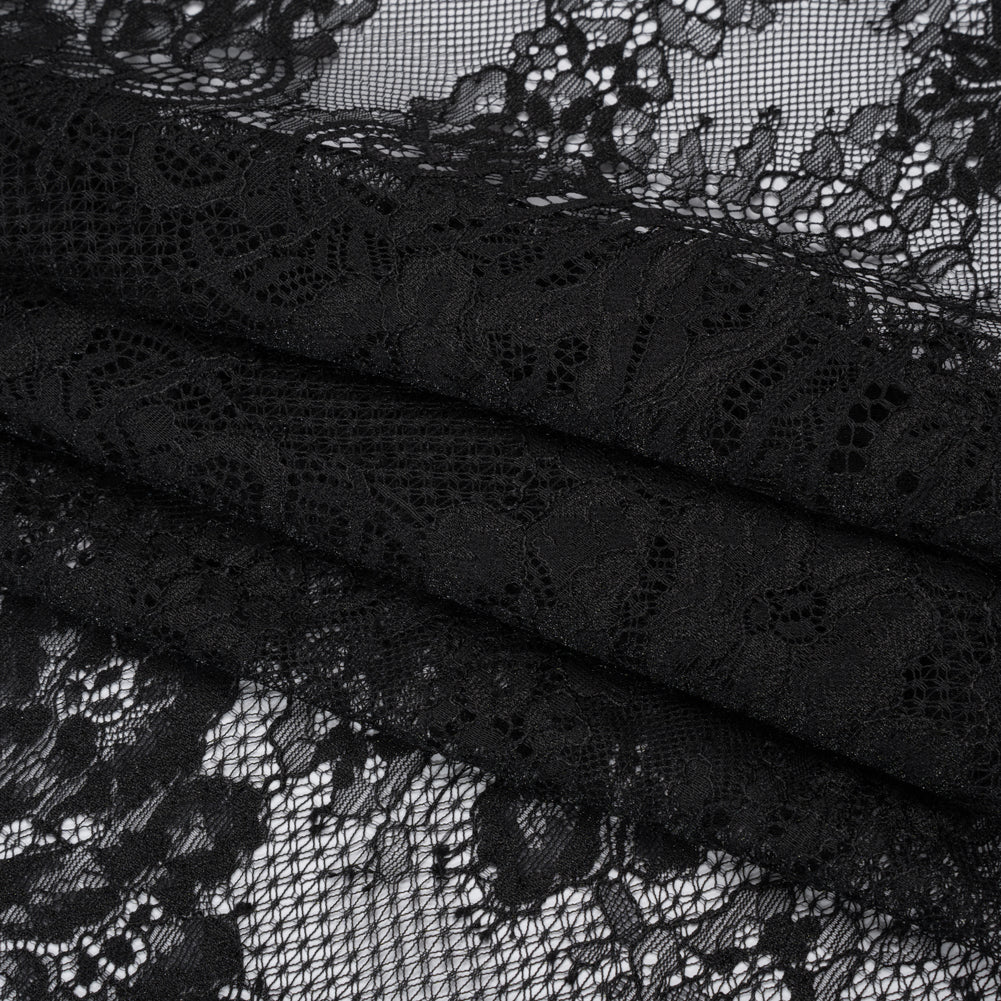 Luminous Re-Embroidered Lace - Black Floral and Paisley with Scalloped Border Folded