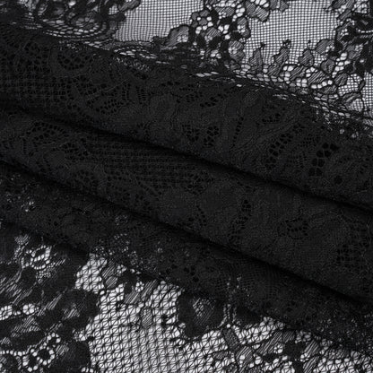 Luminous Re-Embroidered Lace - Black Floral and Paisley with Scalloped Border Folded