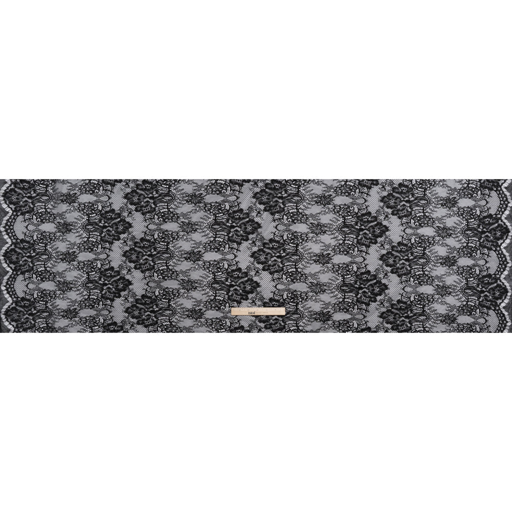 Luminous Re-Embroidered Lace - Black Floral and Paisley with Scalloped Border - Full
