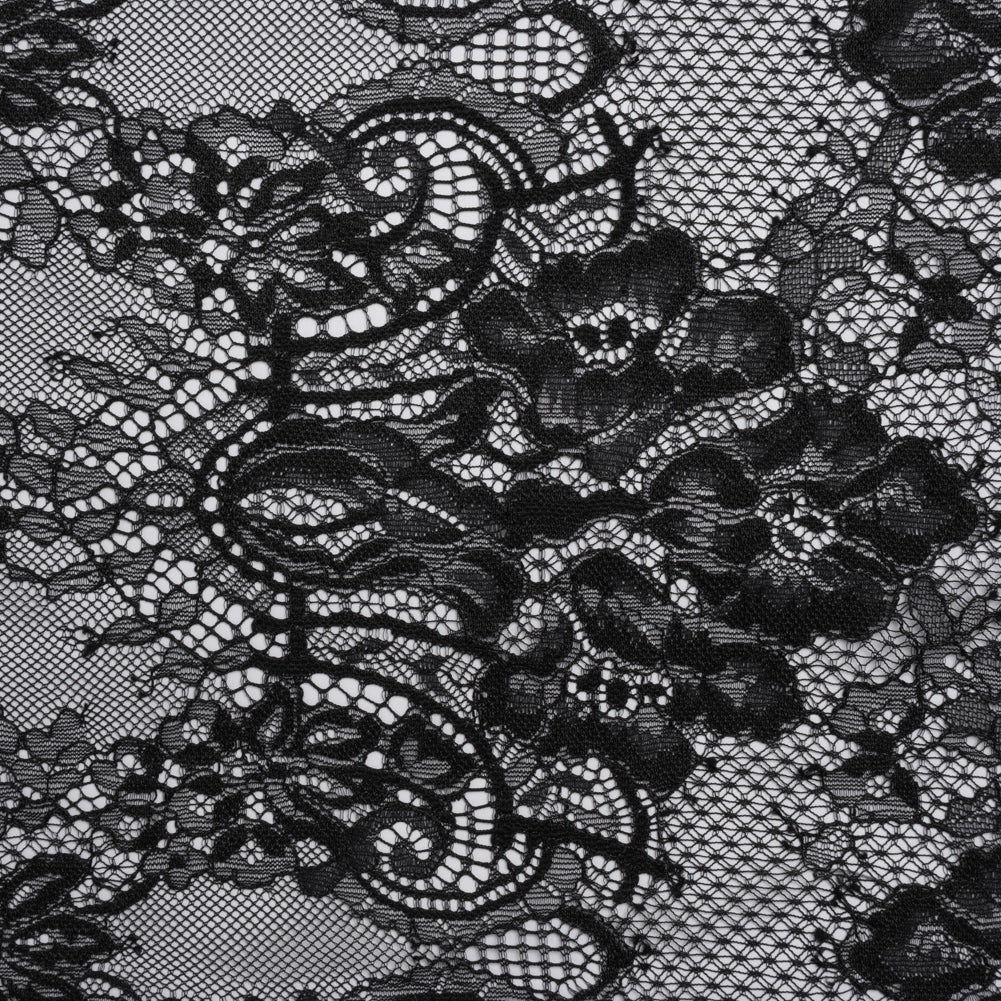 Luminous Re-Embroidered Lace - Black Floral and Paisley with Scalloped Border