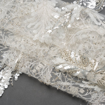 Embroidered Lace Tulle with Beads and Sequins - Off White and Silver Fancy Plants Folded