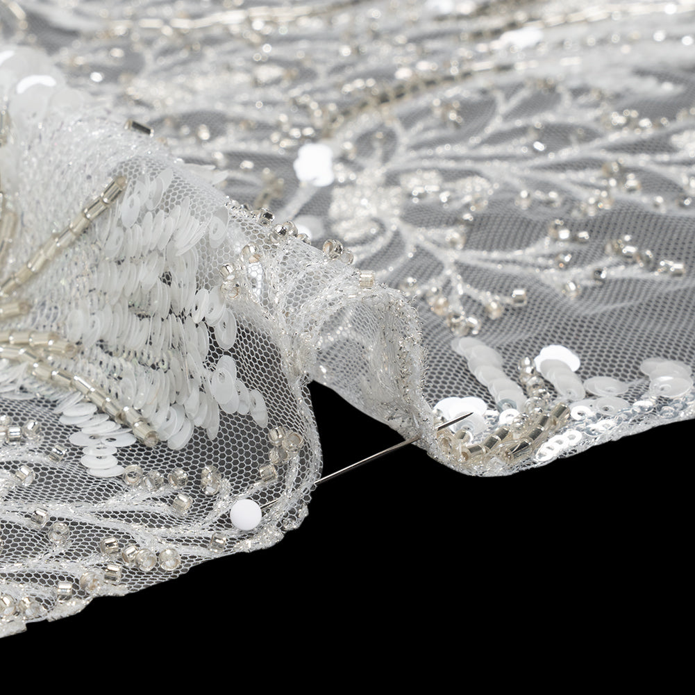 Embroidered Lace Tulle with Beads and Sequins - Off White and Silver Fancy Plants Detail