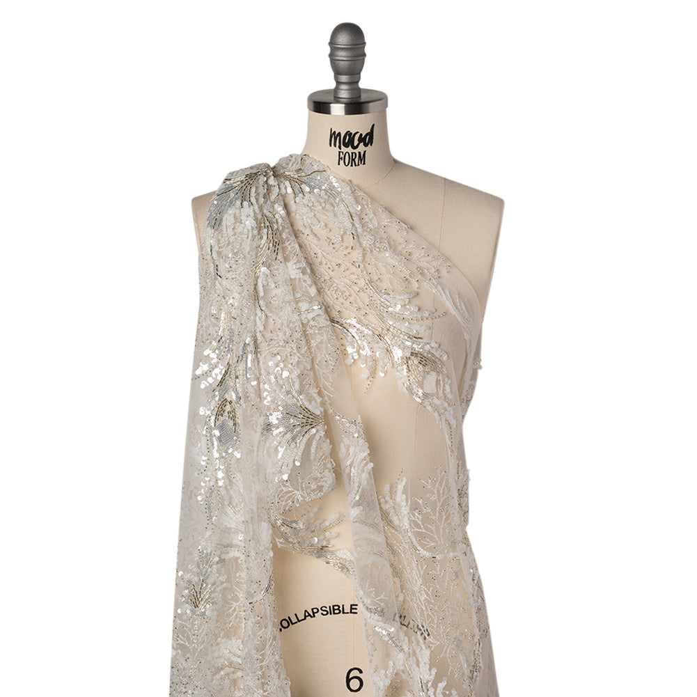 Embroidered Lace Tulle with Beads and Sequins - Off White and Silver Fancy Plants Drape