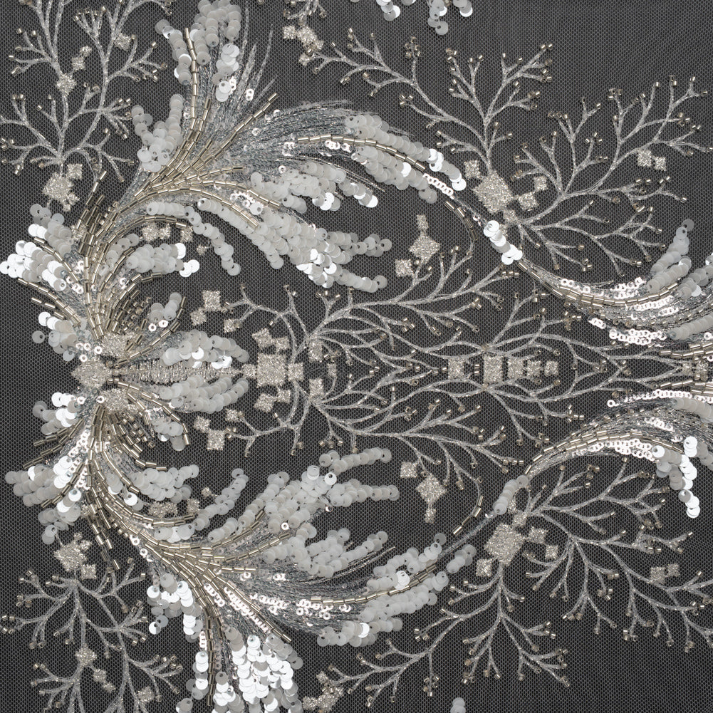 Embroidered Lace Tulle with Beads and Sequins - Off White and Silver Fancy Plants