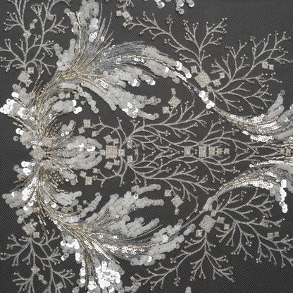 Embroidered Lace Tulle with Beads and Sequins - Off White and Silver Fancy Plants