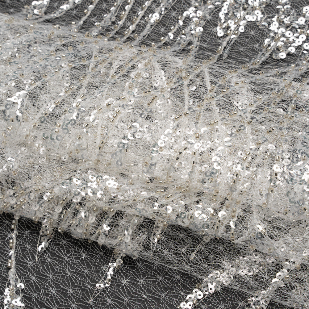 Embroidered Lace Netting with Sequins - Off White and Silver Water Plants on Lattice Folded