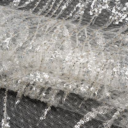 Embroidered Lace Netting with Sequins - Off White and Silver Water Plants on Lattice Folded