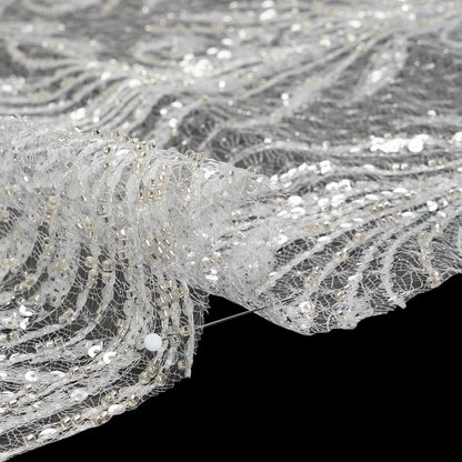 Embroidered Lace Netting with Sequins - Off White and Silver Water Plants on Lattice Detail