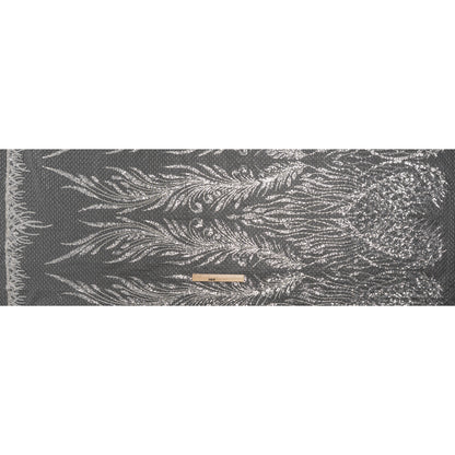 Embroidered Lace Netting with Sequins - Off White and Silver Water Plants on Lattice - Full
