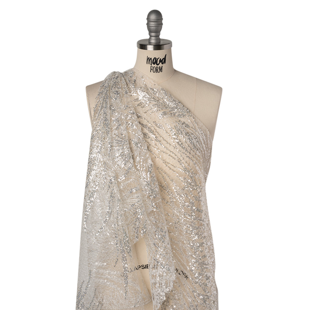 Embroidered Lace Netting with Sequins - Off White and Silver Water Plants on Lattice Drape