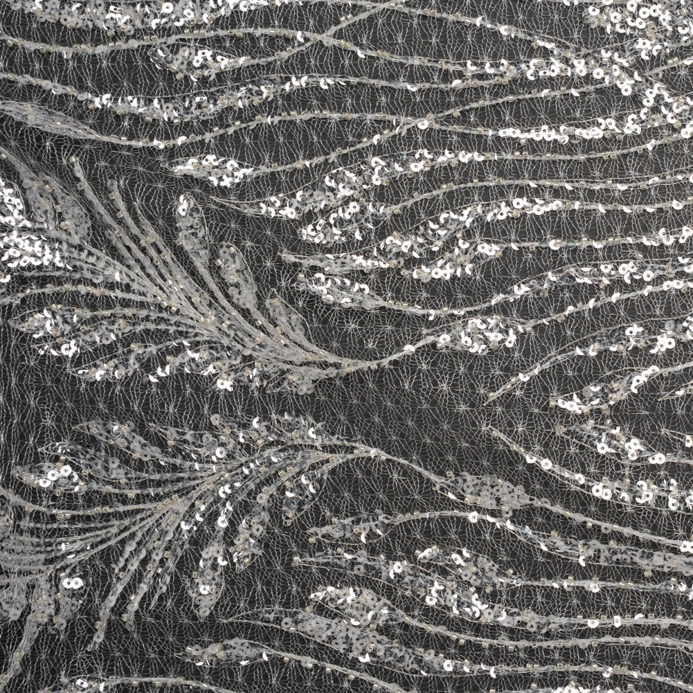 Embroidered Lace Netting with Sequins - Off White and Silver Water Plants on Lattice