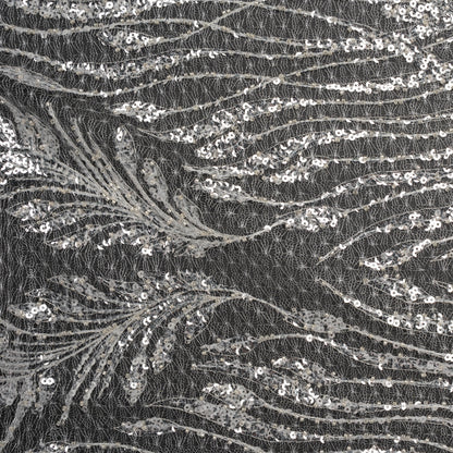 Embroidered Lace Netting with Sequins - Off White and Silver Water Plants on Lattice