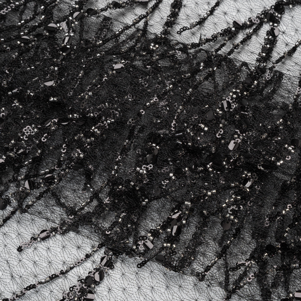 Embroidered Lace Netting with Sequins - Black and Silver Water Plants on Lattice Folded