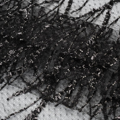 Embroidered Lace Netting with Sequins - Black and Silver Water Plants on Lattice Folded