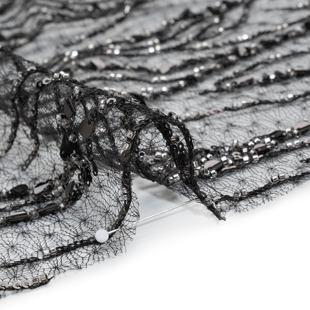 Embroidered Lace Netting with Sequins - Black and Silver Water Plants on Lattice Detail