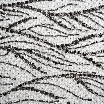 Embroidered Lace Netting with Sequins - Black and Silver Water Plants on Lattice