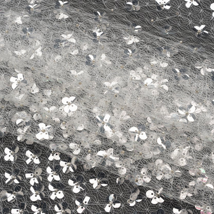 Beaded and Sequined Lace Netting - Clear, Silver and White Floral Gradients Folded