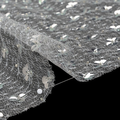 Beaded and Sequined Lace Netting - Clear, Silver and White Floral Gradients Detail