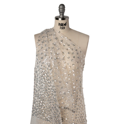 Beaded and Sequined Lace Netting - Clear, Silver and White Floral Gradients Drape