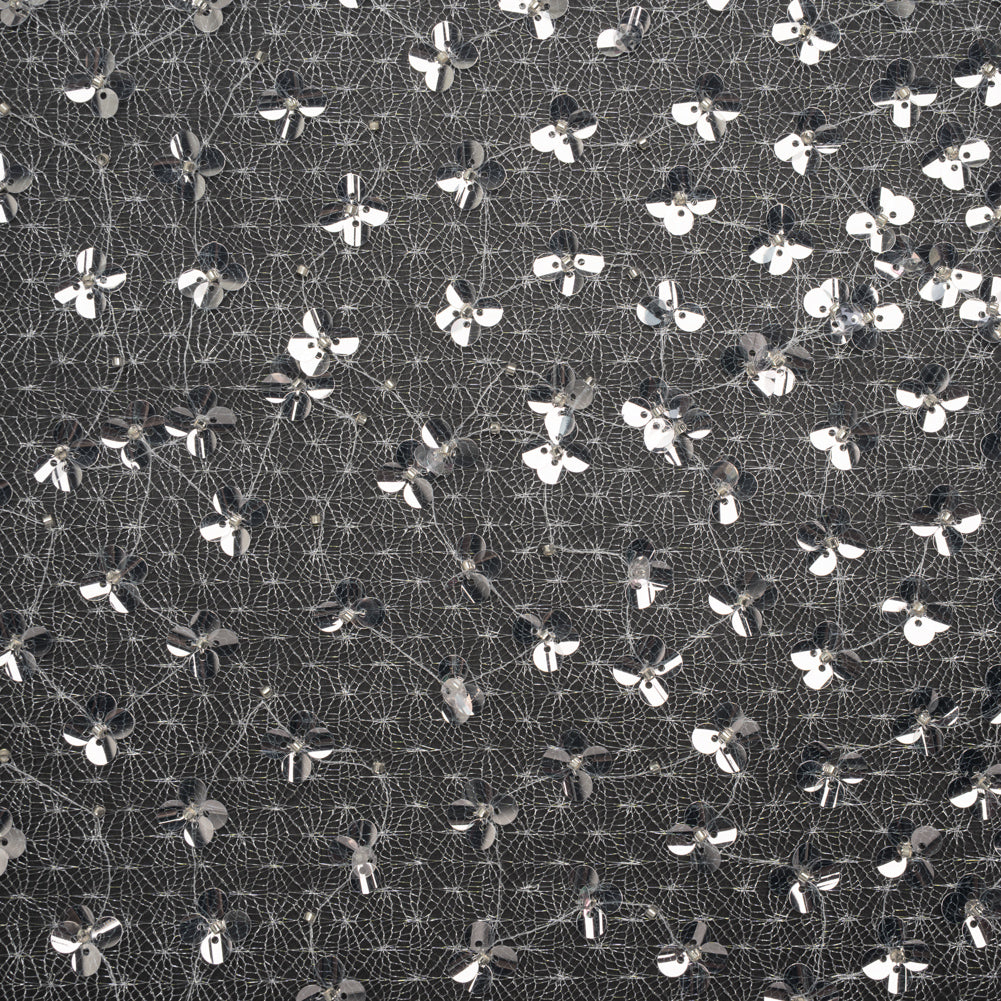 Beaded and Sequined Lace Netting - Clear, Silver and White Floral Gradients