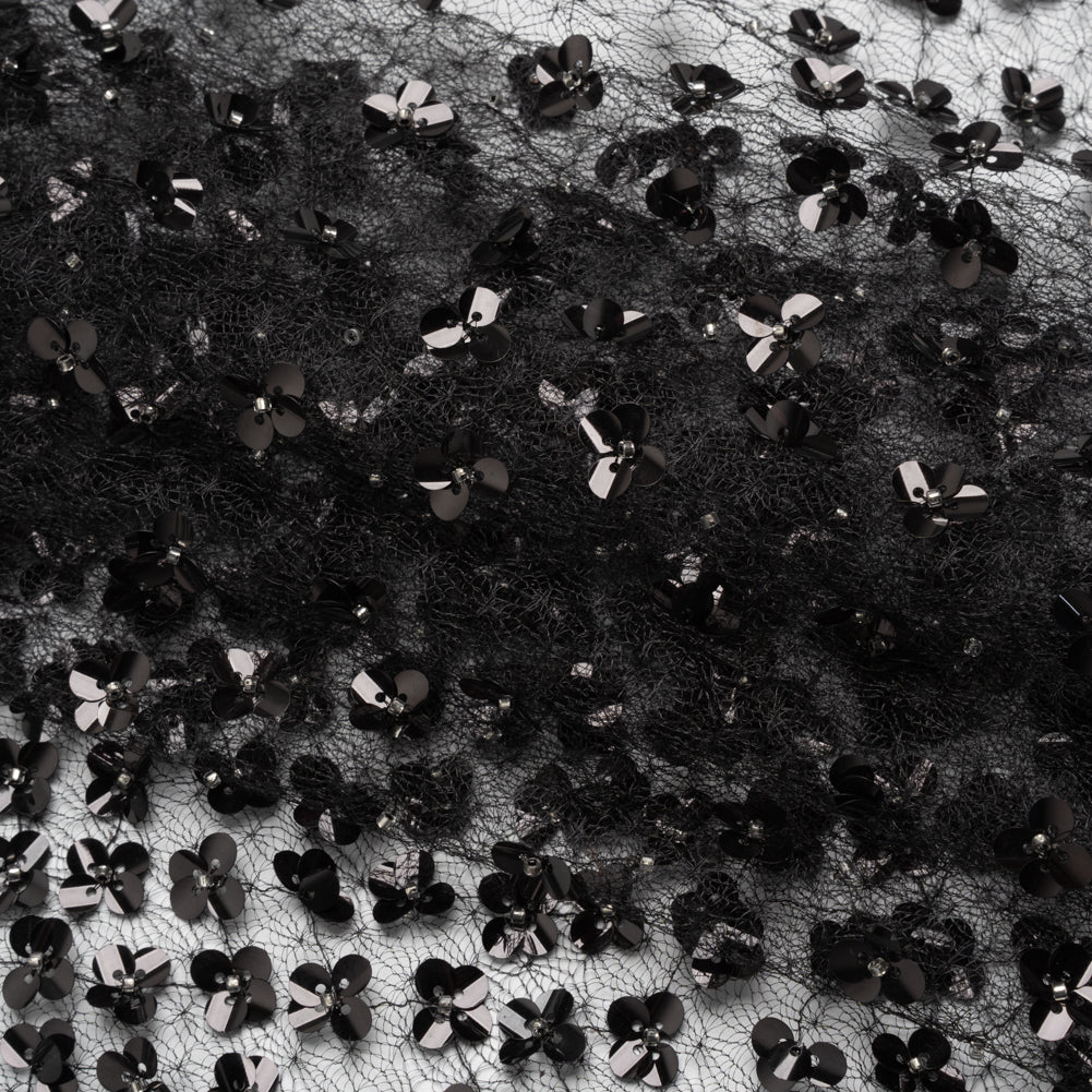 Beaded and Sequined Lace Netting - Silver and Black Floral Gradients Folded