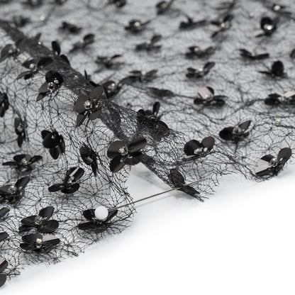 Beaded and Sequined Lace Netting - Silver and Black Floral Gradients Detail