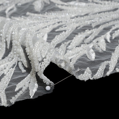Embroidered and Beaded Lace Tulle with Sequins - Off White Reef Plants Detail