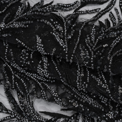 Embroidered and Beaded Lace Tulle with Sequins - Black and Gunmetal Reef Plants Folded