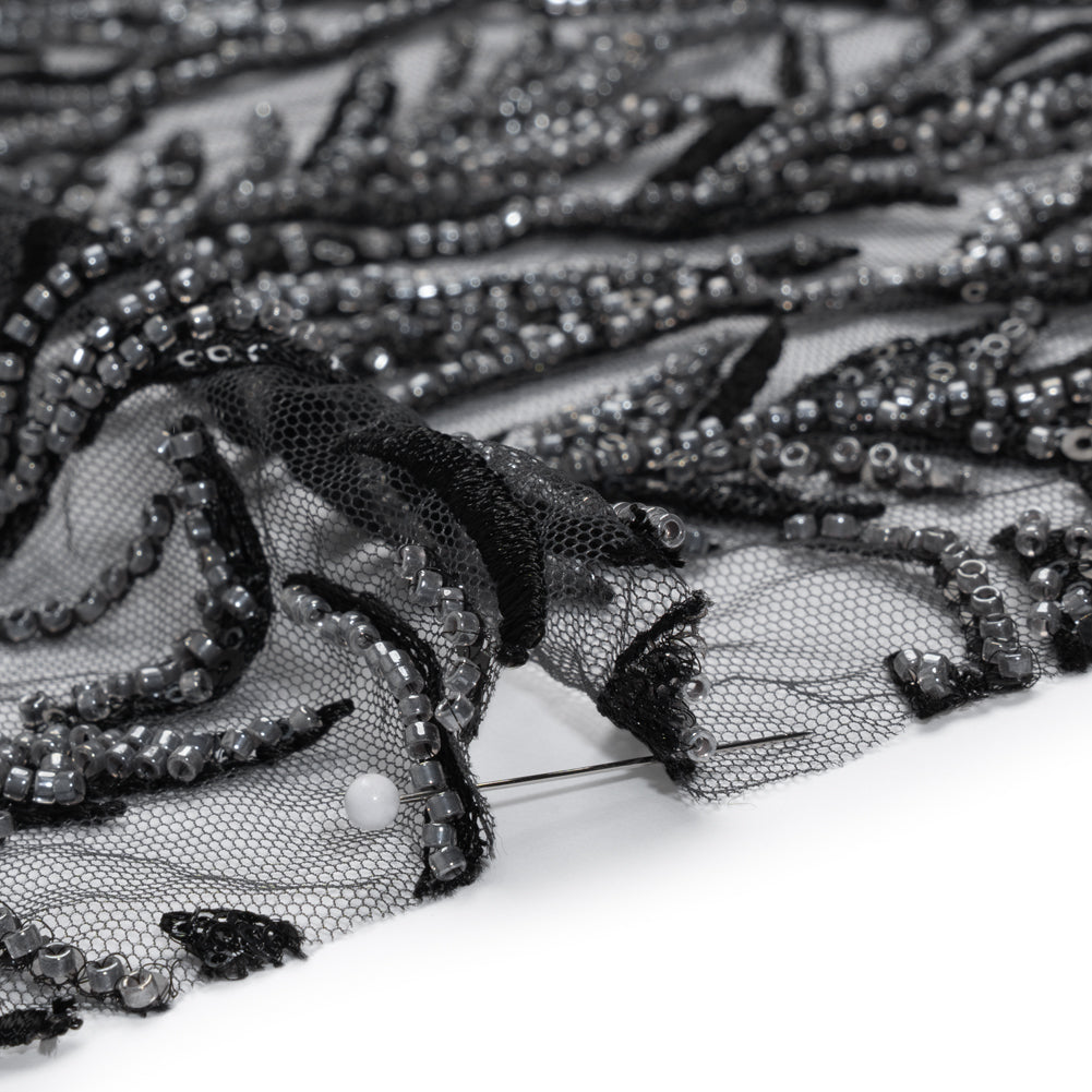 Embroidered and Beaded Lace Tulle with Sequins - Black and Gunmetal Reef Plants Detail
