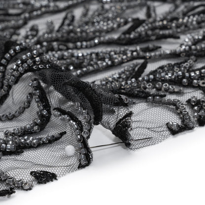 Embroidered and Beaded Lace Tulle with Sequins - Black and Gunmetal Reef Plants Detail