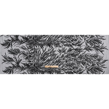 Embroidered and Beaded Lace Tulle with Sequins - Black and Gunmetal Reef Plants - Full