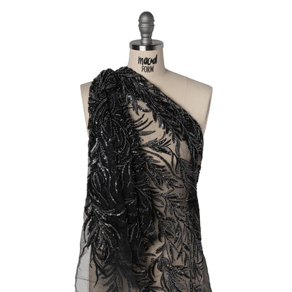 Embroidered and Beaded Lace Tulle with Sequins - Black and Gunmetal Reef Plants Drape
