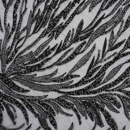 Embroidered and Beaded Lace Tulle with Sequins - Black and Gunmetal Reef Plants
