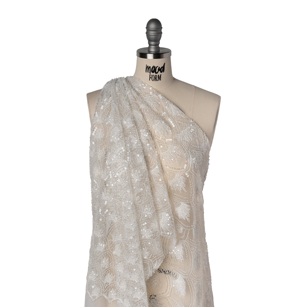Embroidered and Beaded Lace Tulle with Sequins - Off White Gradient Size Scales Drape