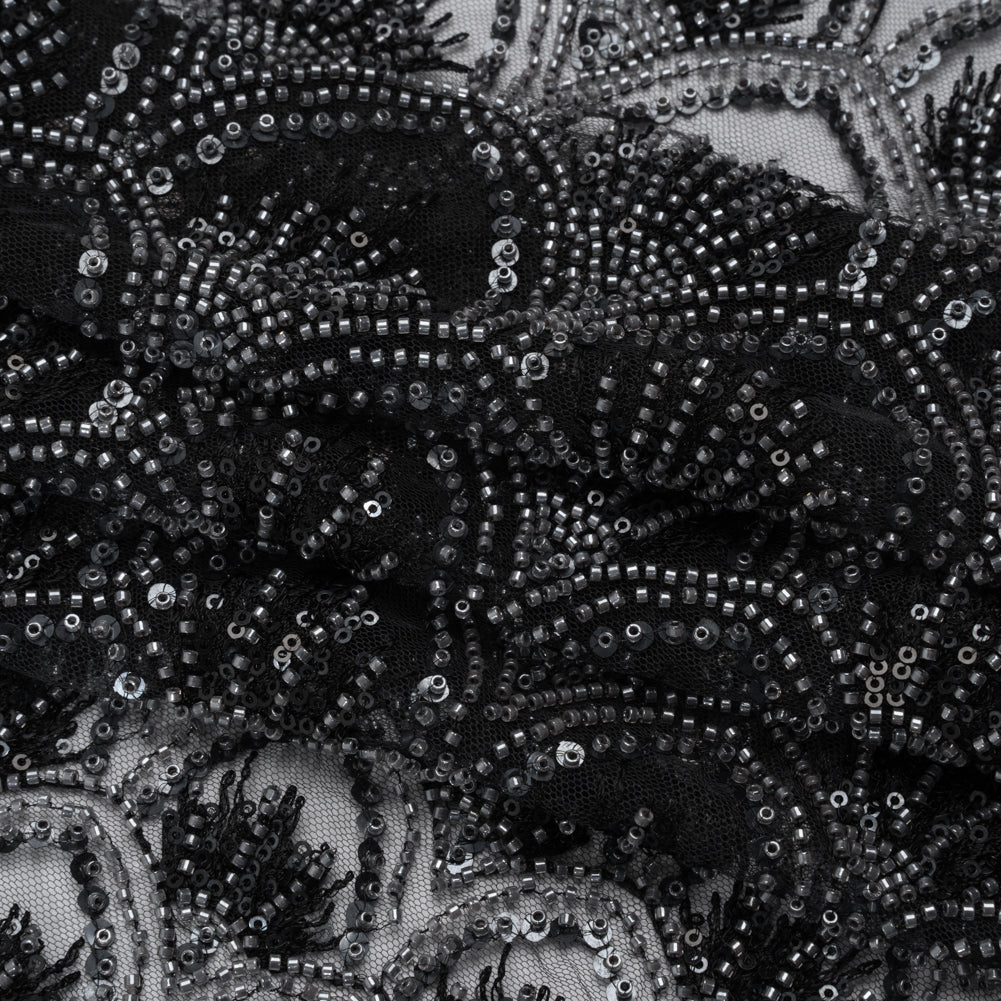 Embroidered and Beaded Lace Tulle with Sequins - Black and Gunmetal Gradient Size Scales Folded