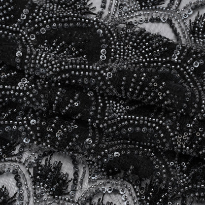 Embroidered and Beaded Lace Tulle with Sequins - Black and Gunmetal Gradient Size Scales Folded