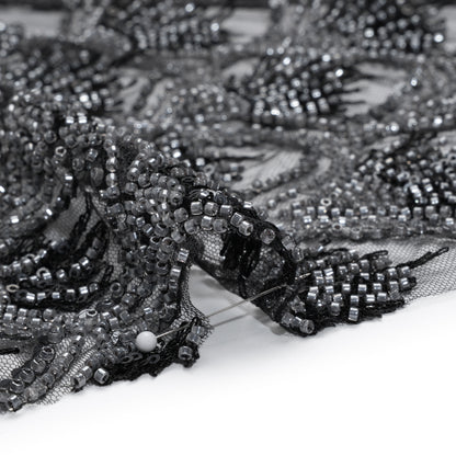 Embroidered and Beaded Lace Tulle with Sequins - Black and Gunmetal Gradient Size Scales Detail