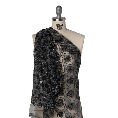 Embroidered and Beaded Lace Tulle with Sequins - Black and Gunmetal Gradient Size Scales Drape