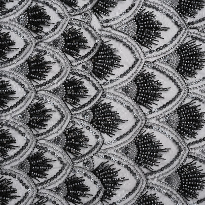 Embroidered and Beaded Lace Tulle with Sequins - Black and Gunmetal Gradient Size Scales