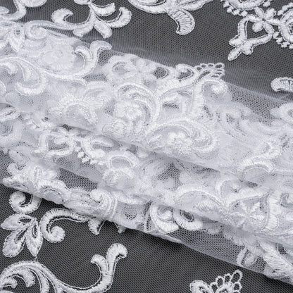 Embroidered Lace Tulle - Bright White Floral Damask Folded