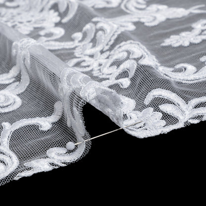 Embroidered Lace Tulle - Bright White Floral Damask Detail