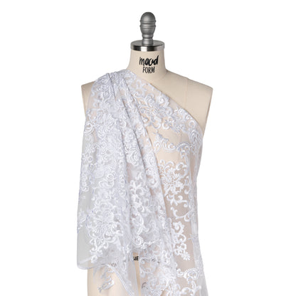 Embroidered Lace Tulle - Bright White Floral Damask Drape