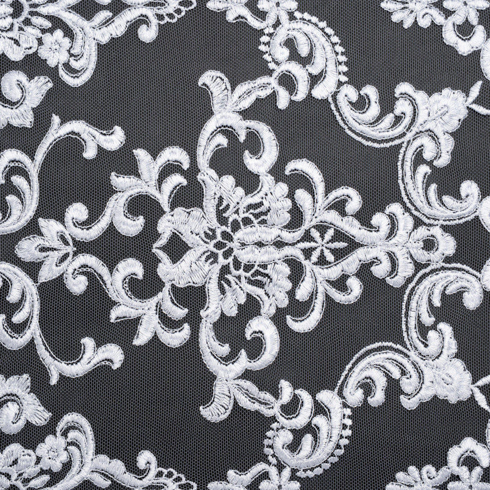 Embroidered Lace Tulle - Bright White Floral Damask