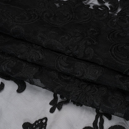 Embroidered Lace Tulle - Black Floral Damask Folded