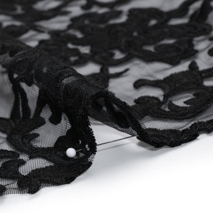 Embroidered Lace Tulle - Black Floral Damask Detail
