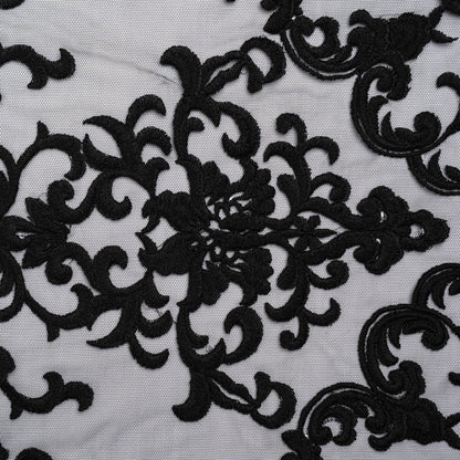 Embroidered Lace Tulle - Black Floral Damask