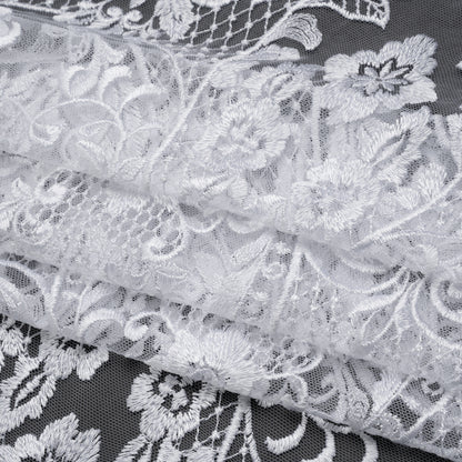 Embroidered Lace Tulle - Bright White Floral Damask with Swirls and Lattice Folded