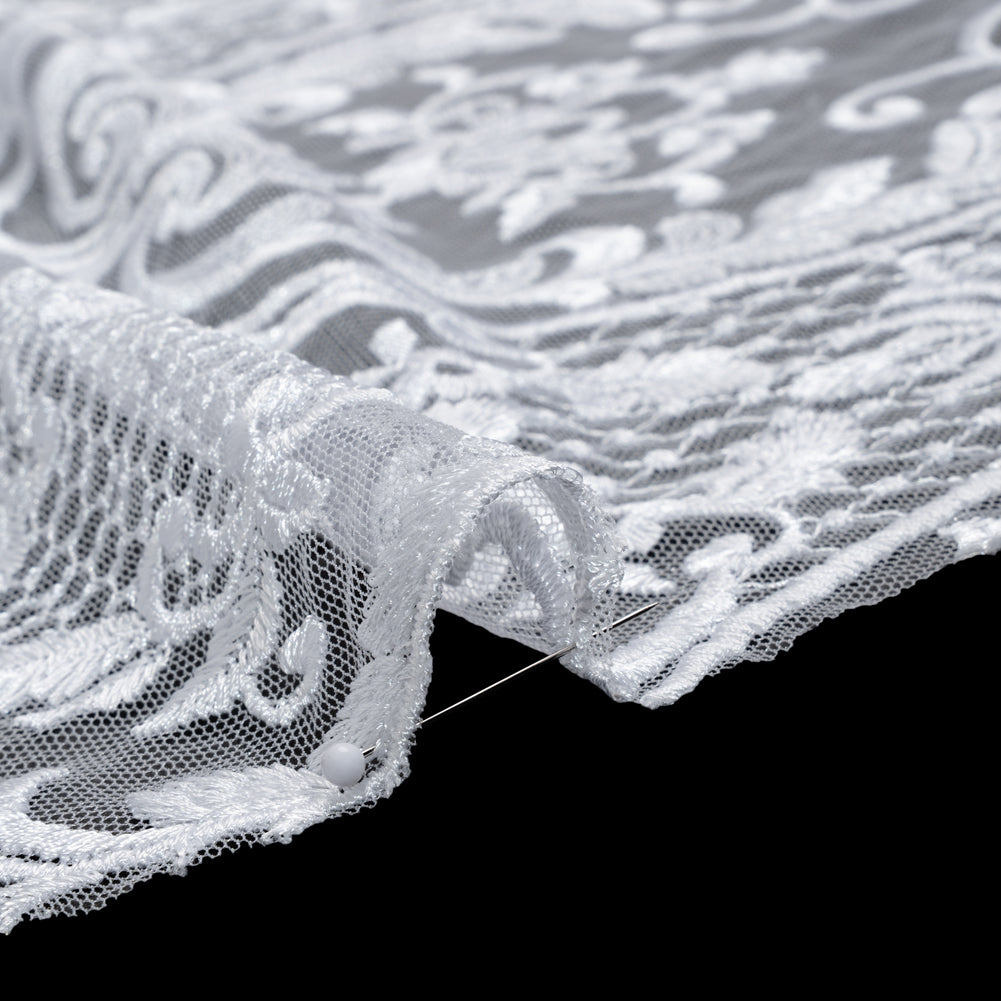 Embroidered Lace Tulle - Bright White Floral Damask with Swirls and Lattice Detail