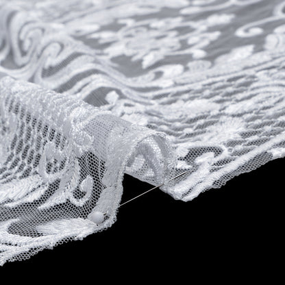 Embroidered Lace Tulle - Bright White Floral Damask with Swirls and Lattice Detail