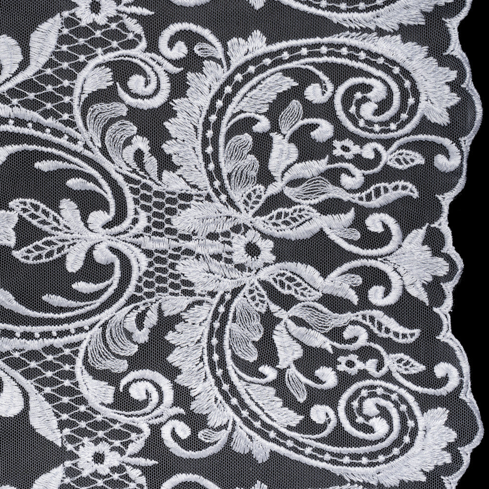 Embroidered Lace Tulle - Bright White Floral Damask with Swirls and Lattice